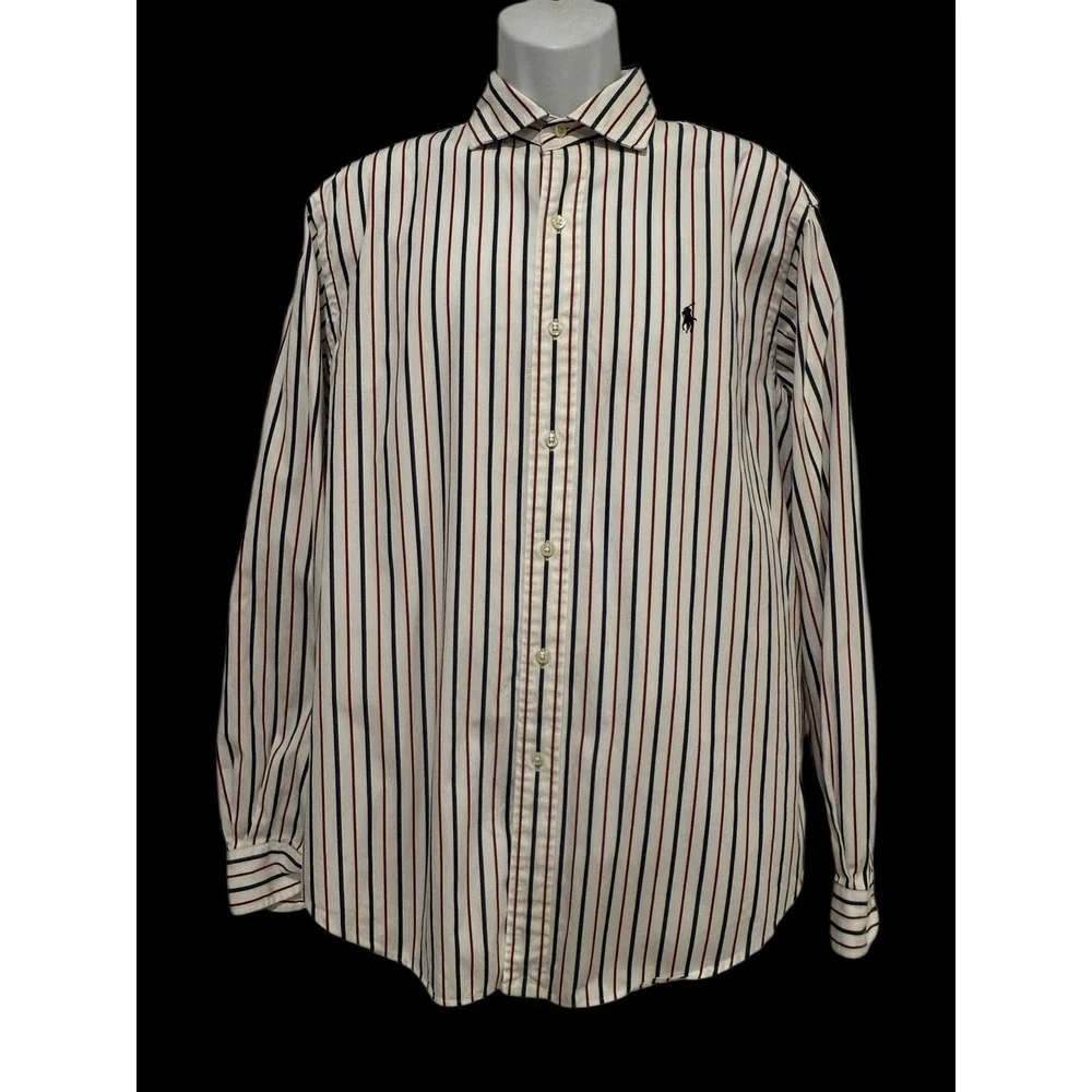 Ralph Lauren Men Shirt L WESTERTON Classic White Blue Red Pinstripe‎ Blue Pony